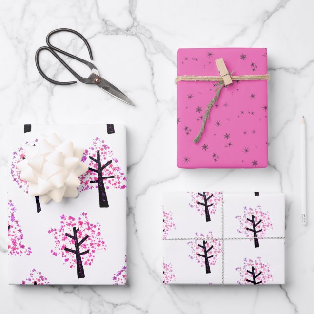 Festive Pink Christmas Tree Snowflake Pattern Wrapping Paper Sheets (Front)