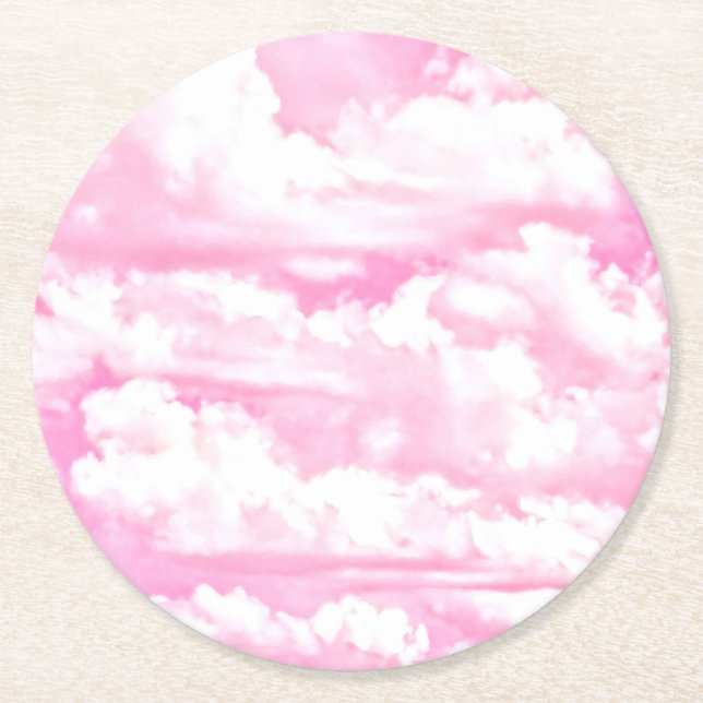Festive Pink Clouds Round Paper Coaster (Front)