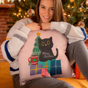 Festive Pink Cute Cat Coffee Merry Christmas Throw Pillow