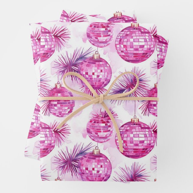 Festive Pink Disco Balls Pattern  Wrapping Paper Sheets (In situ)