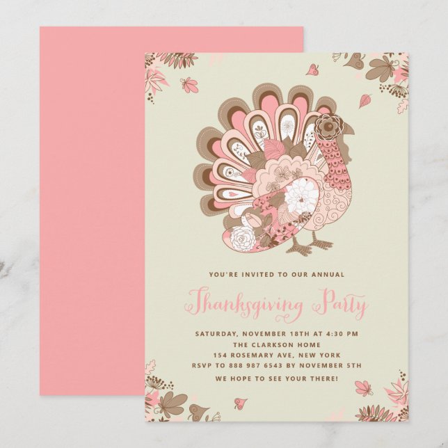 Festive Pink Floral Turkey Thanksgiving Party Invitation (Front/Back)