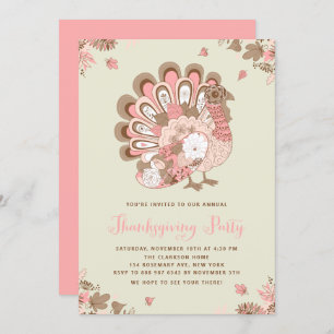Festive Pink Floral Turkey Thanksgiving Party Invitation