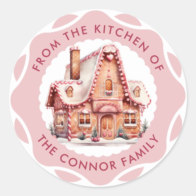 Festive Pink Gingerbread House Christmas Baking Classic Round Sticker (Front)