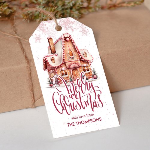 Festive Pink Gingerbread House Christmas Favor Gift Tags