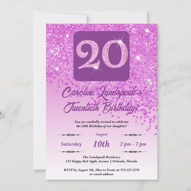 Festive Pink Glitter 20th Birthday Invitation (Front)