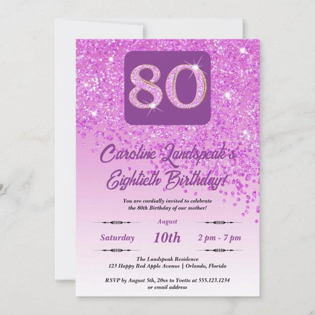 Festive Pink Glitter 80th Birthday Invitation (Front)