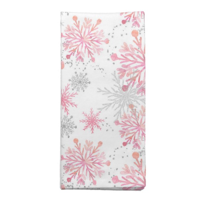 Festive Pink Gray snowflake tiled pattern Cloth Napkin (Folded)