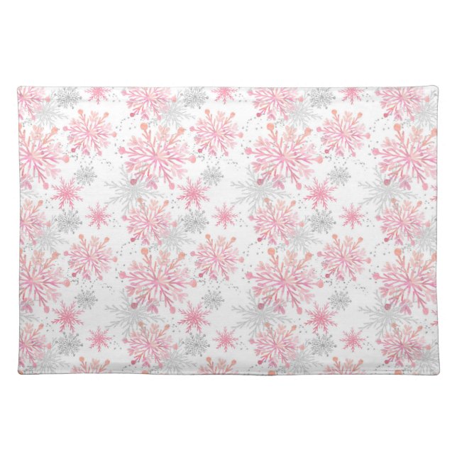 Festive Pink Gray snowflake tiled pattern Cloth Placemat (Front)