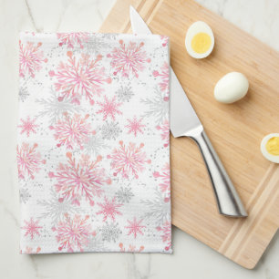 Festive Pink Gray snowflake tiled pattern Kitchen Towel