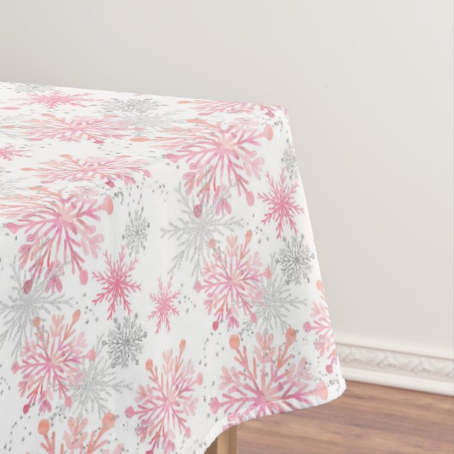 Festive Pink Gray snowflake tiled pattern Tablecloth (In Situ)