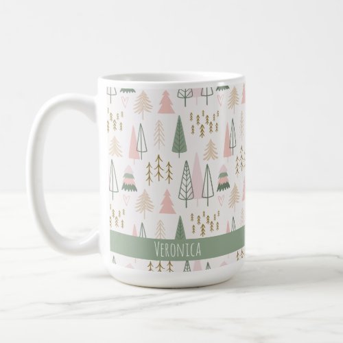 Festive Pink Green Minimalist Christmas Trees Name Coffee Mug