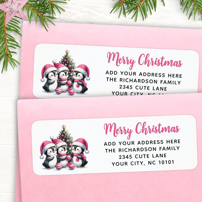 Festive Pink Merry Christmas Three Cute Penguins Label (Creator Uploaded)