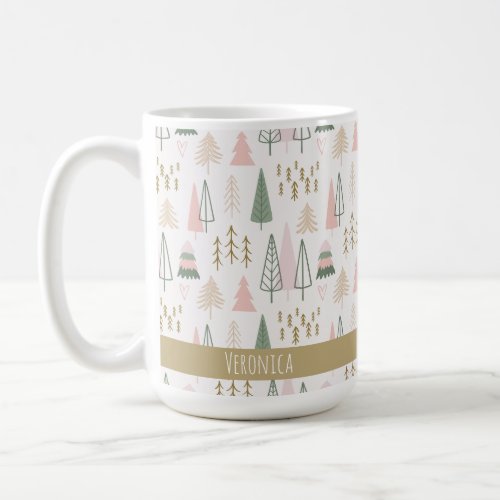 Festive Pink Minimalist Christmas Trees Name Coffee Mug