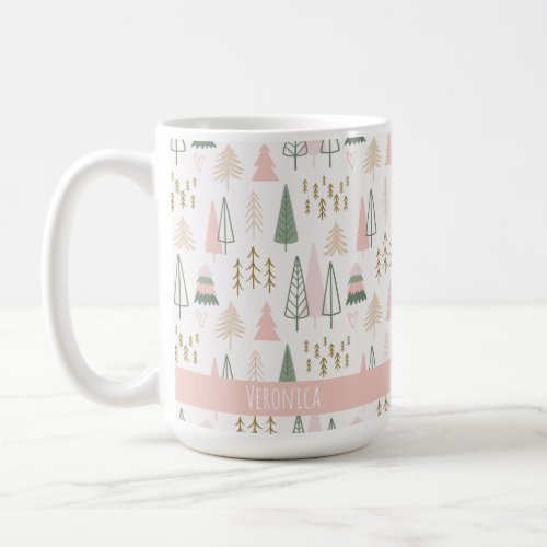 Festive Pink Minimalist Christmas Trees Name Coffee Mug