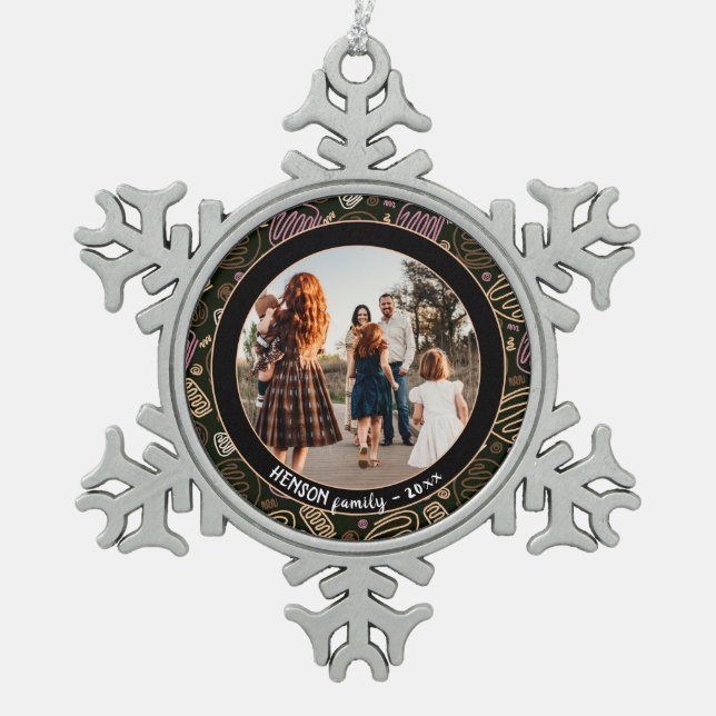 Festive Pink One line art Christmas Family Photo Snowflake Pewter Christmas Ornament (Front)