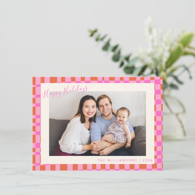 Festive Pink Orange Checkerboard Border 2 Photo  Holiday Card (Standing Front)