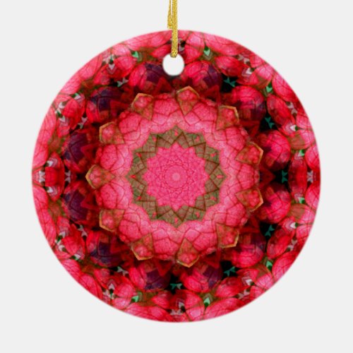 Festive Pink Poinsettia Mandala Art Kaleidoscope Ceramic Ornament