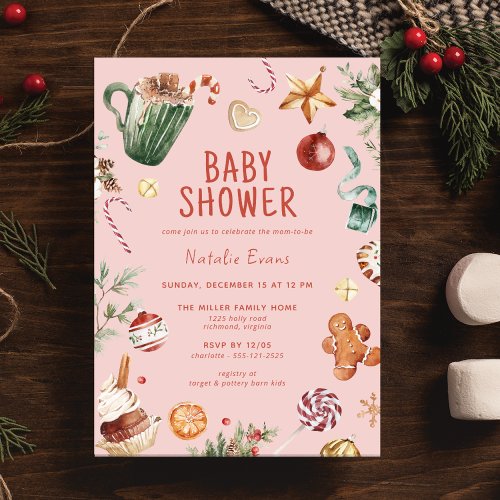 Festive Pink Red  Cute Christmas Girl Baby Shower Invitation