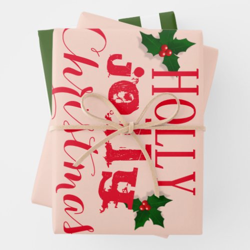 Festive Pink Red Holly Typography Christmas Wrapping Paper Sheets