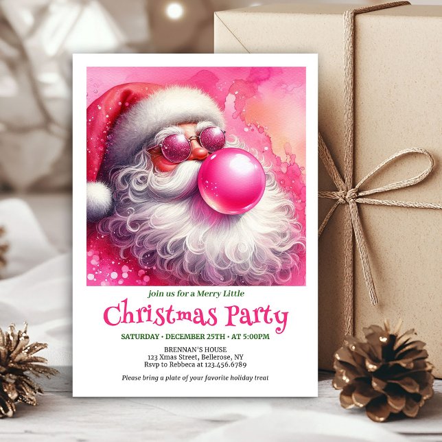 Festive pink santa chewing gum watercolor invite  (Festive pink santa chewing gum watercolor invite card)