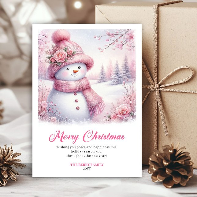 Festive pink snowman Christmas kids card digital  (Festive pink snowman Christmas kids card digital edit)