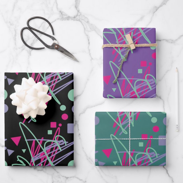 Festive Pink Teal Purple Dots Squares Triangles  Wrapping Paper Sheets (Front)