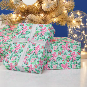 Festive pink tiled Christmas bows party Wrapping Paper