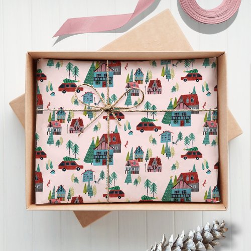 Festive Pink Village  Car Tree Retro Christmas  Tissue Paper