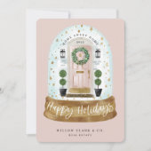 Festive Pink Watercolor Door Snow Globe Business Holiday Card (Front)