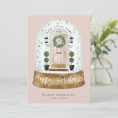 Festive Pink Watercolor Door Snow Globe Business Holiday Card (Standing Front)