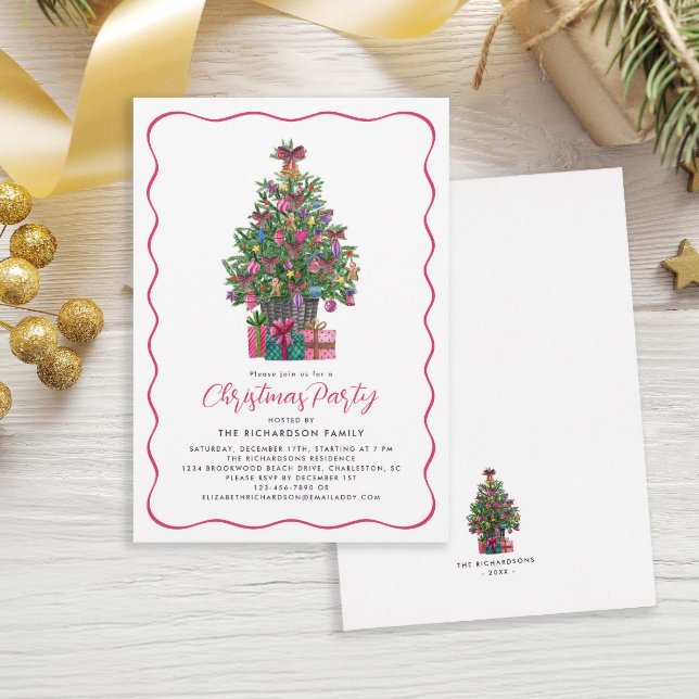Festive Pink Whimsical Christmas Tree Party Invitation (Festive Pink Whimsical Christmas Tree Party Invitation)
