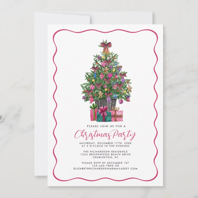 Festive Pink Whimsical Christmas Tree Party Pink Invitation (Front)