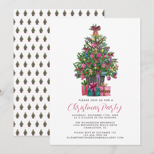 Festive Pink Whimsical Christmas Tree Party Pink Invitation (Front/Back)