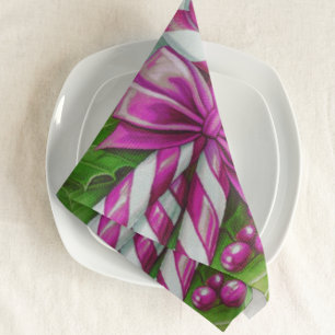 Festive Pink White Candy Cane Green Christmas Cloth Napkin