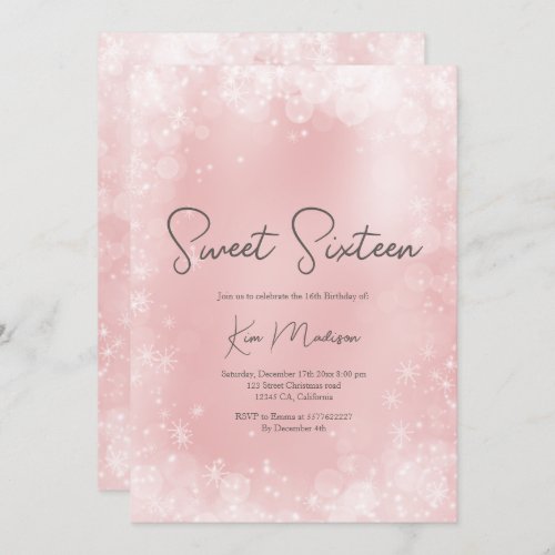 Festive pink white snow elegant chic sweet 16 invitation