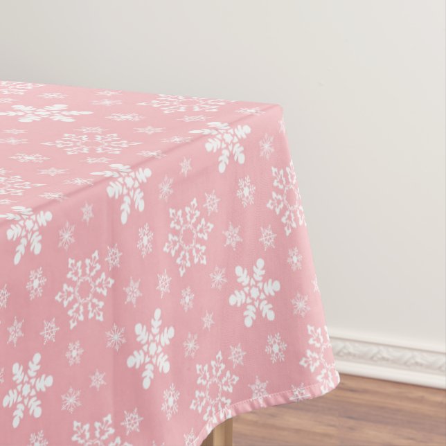 Festive pink white snowflake tiled Christmas Tablecloth (In Situ)