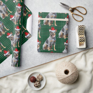 Festive Plaid Blue Heeler Santa Dog Christmas Wrapping Paper