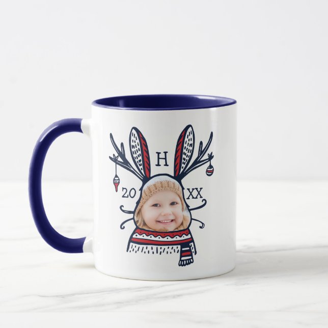Festive Plaid Bunny Rabbit Character Photo Holiday Mug (Left)