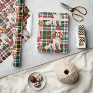 Festive Plaid Cavalier Spaniel Santa Dog Christmas Wrapping Paper