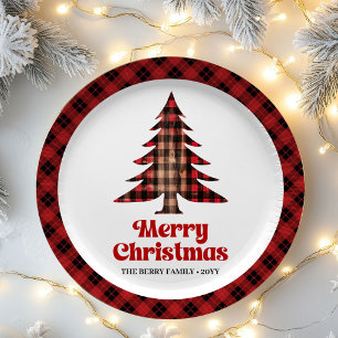 Festive Plaid Christmas Tree Custom Name Paper  Plates