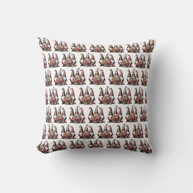 Festive Plaid Gnome Trio Throw Pillow (Front)