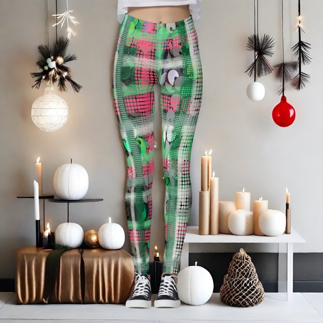 Festive plaid green red white gray cream glitter  leggings (Creator Uploaded)