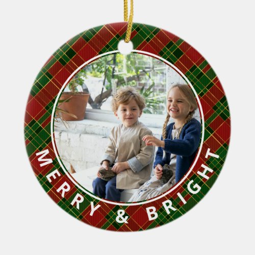Festive Plaid Merry  Bright Photo Keepsake Ceramic Ornament
