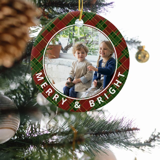 Festive Plaid Merry & Bright Photo Keepsake Ceramic Ornament (Creator Uploaded)