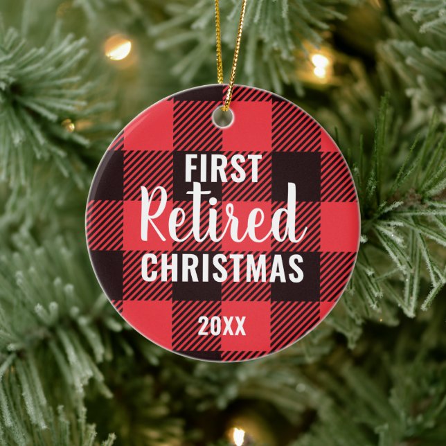 Festive Plaid Personalized First Christmas Retired Ceramic Ornament (Tree)