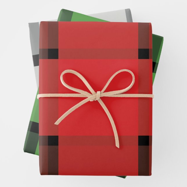 Festive Plaid Red Green Gray Christmas Gift Wrapping Paper Sheets (In situ)