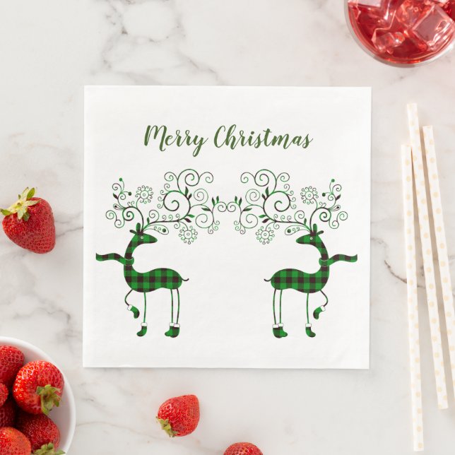 Festive Plaid Reindeer Paper Dinner Napkins (Insitu)
