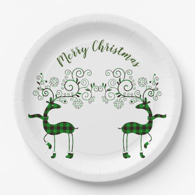 Festive Plaid Reindeer Paper Plates (Front)