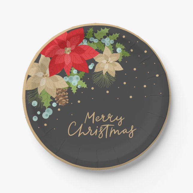 Festive Poinsettia and Berries Christmas Plate (Front)