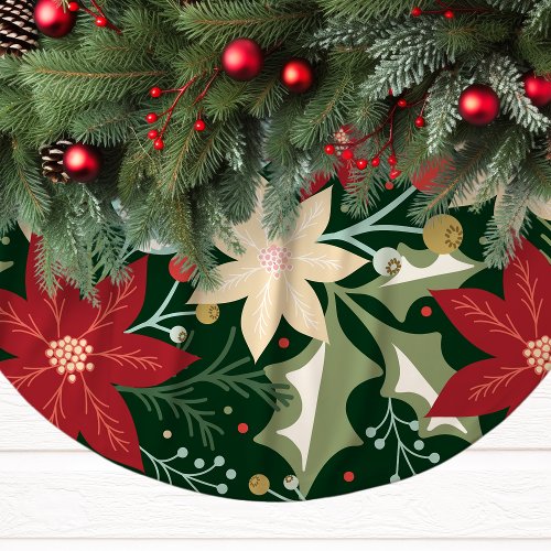 Festive Poinsettia And Holly Christmas Brushed Polyester Tree Skirt